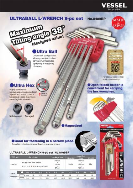 Vessel Ultraball Ball Point L-Wrench Set – 9-teilig, Mit Halterung – Für Enge Räume & Schwierige Winkel